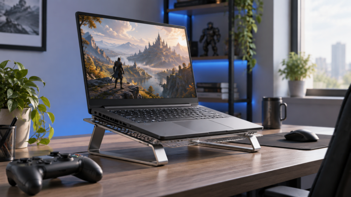 Laptop chơi game đặt trên giá đỡ thoáng khí, chừa khoảng trống quanh khe tản nhiệt