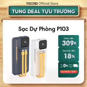 Sạc dự phòng Tecno TPB-P103 10.000 mAh – tích hợp sẵn dây sạc, màn hình LED