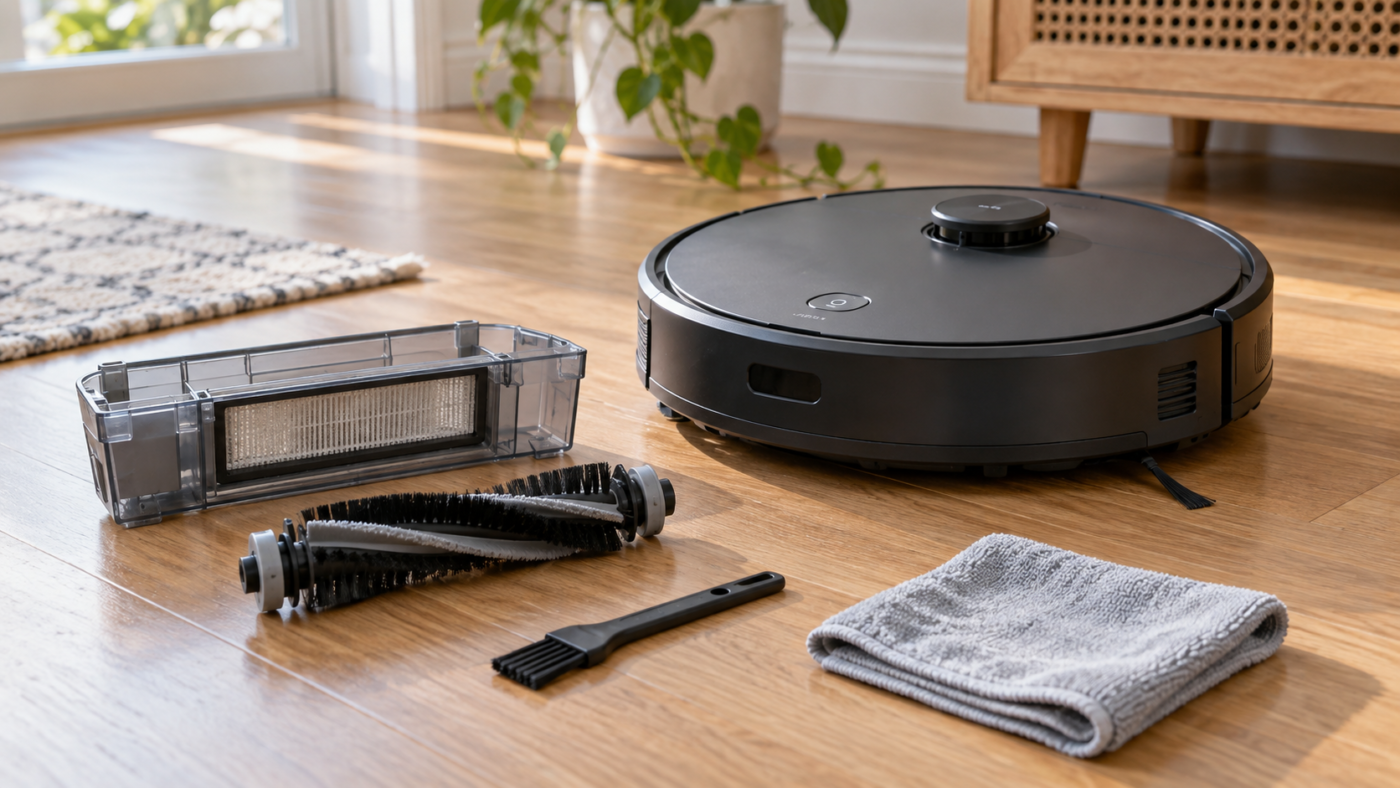 Robot hút bụi cùng hộp bụi, chổi cuốn và dụng cụ vệ sinh trên sàn gỗ
