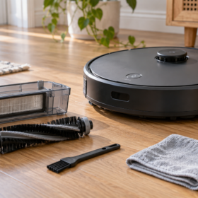 Robot hút bụi cùng hộp bụi, chổi cuốn và dụng cụ vệ sinh trên sàn gỗ